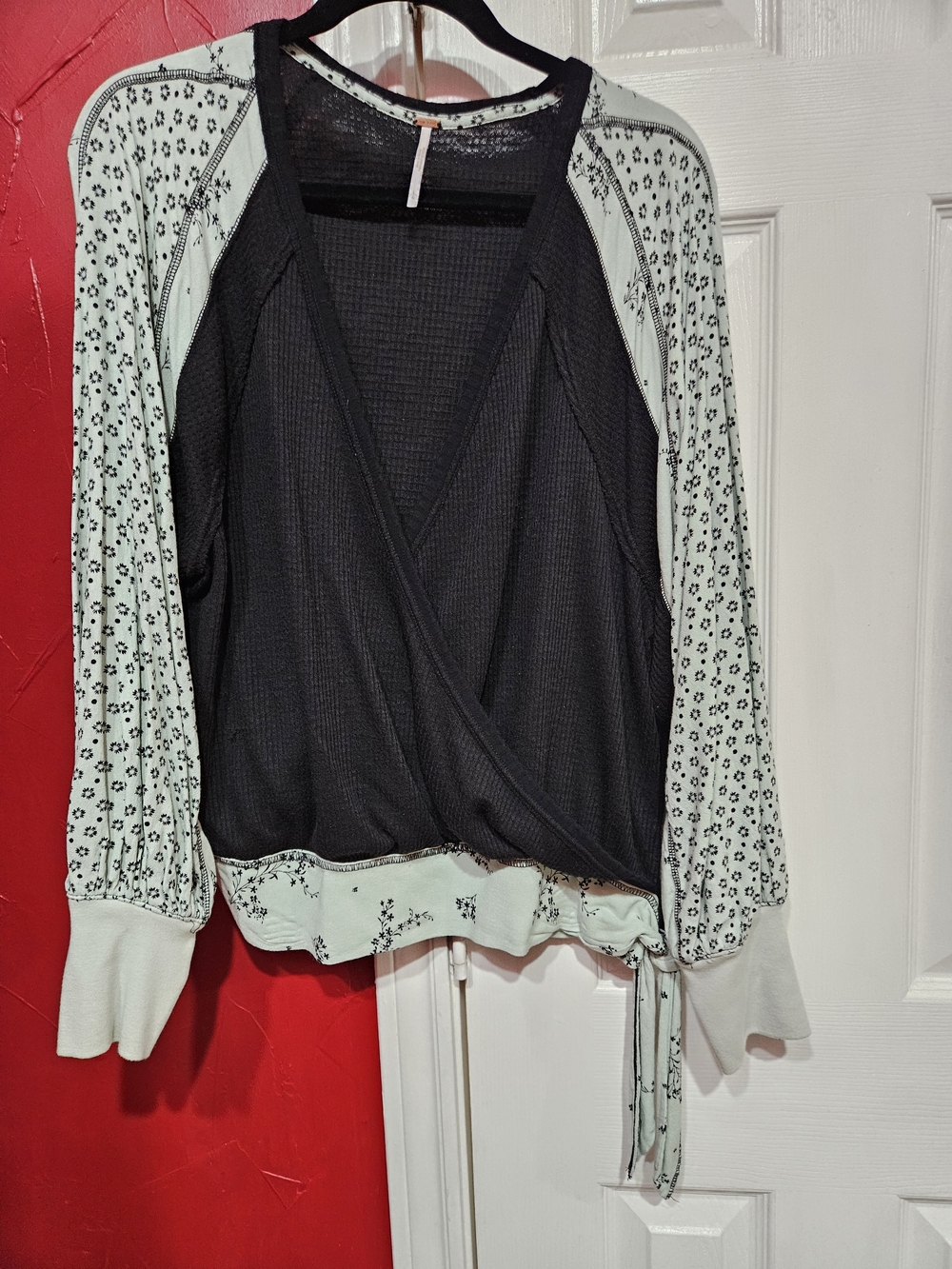 Light Green and Black Mixed-Media Wrap Front Top